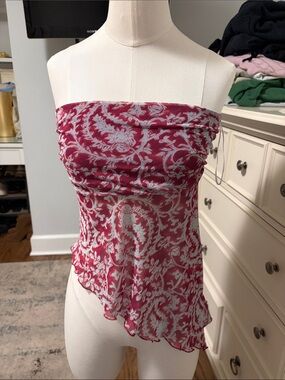 Urban Outfitters Pink and White Strapless Floral Paisley Top